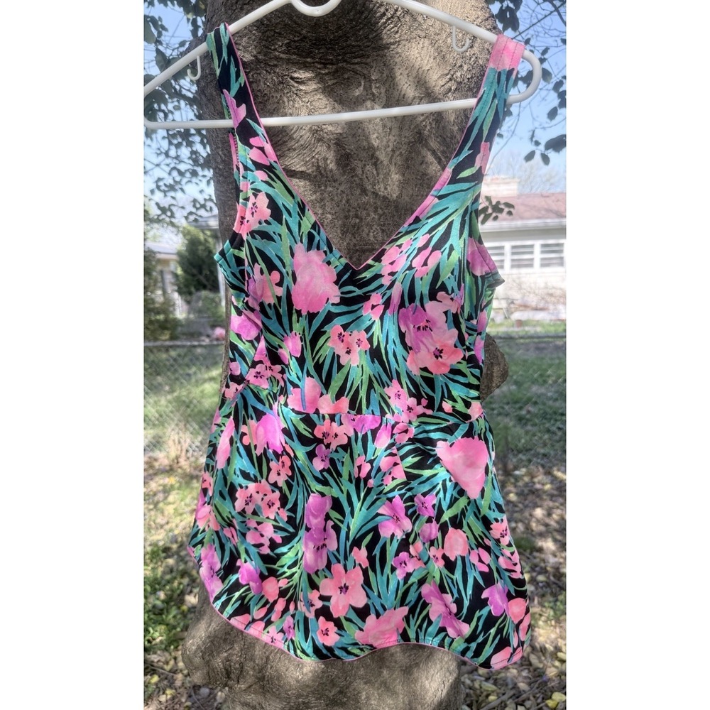 Gabar Ladies Pink Greens Hawaiian Floral Tropical Print Swim Dress Size 14 90s